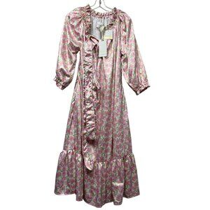 Dondolo Caroline NWT Satin Midi Dress Puff Sleeve Ruffle Floral Women Pink